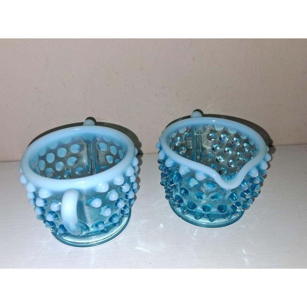 Vintage Blue Hobnail Glass Mini Sugar and Creamer Set Baby Blue Opalescent